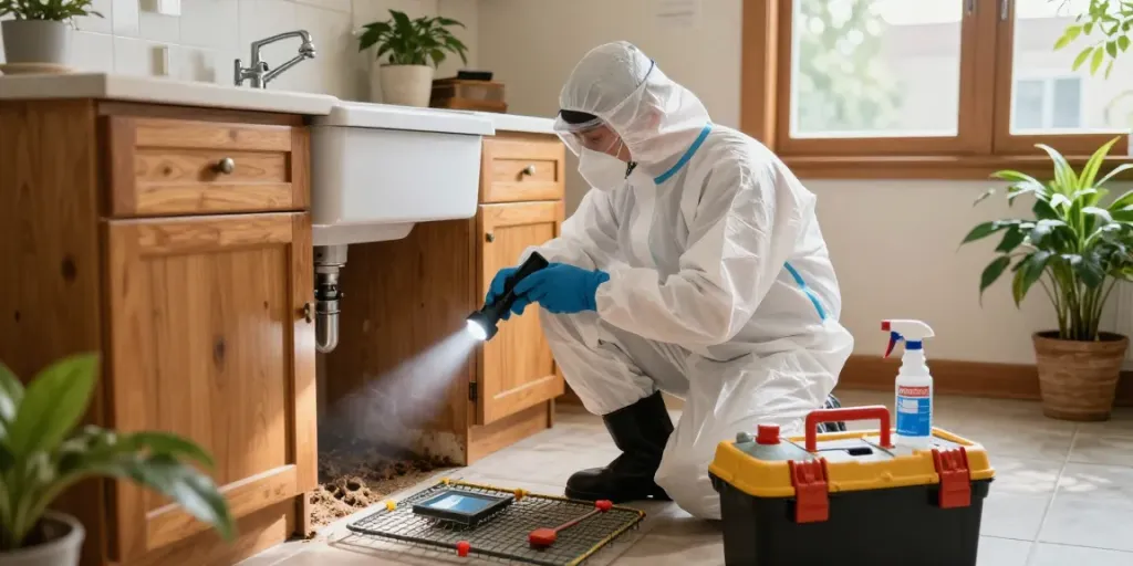 Calgary pest control expert inspecting a home for pests with equipment, highlighting safety and professionalism.