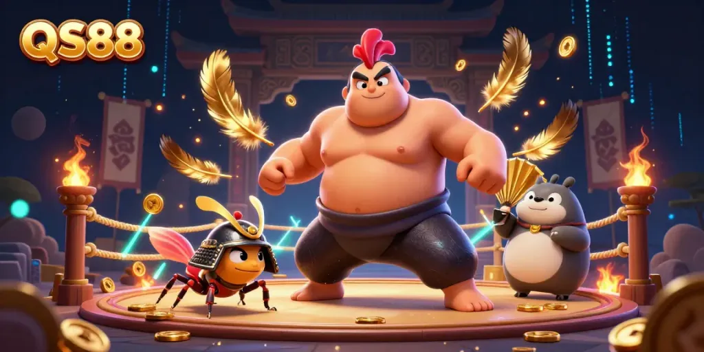Bettors experience excitement at QS88, featuring a powerful sumo rooster, a samurai cricket, and a tanuki announcer amidst gold coins.
