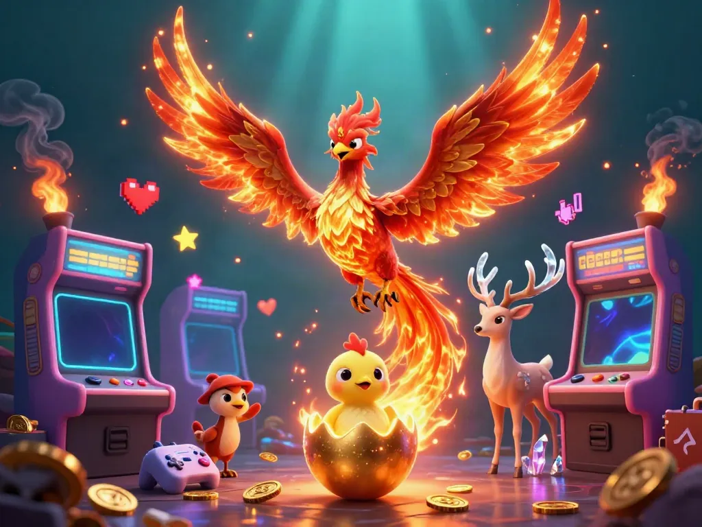 Experience thrilling gaming excitement with Kubet, featuring a phoenix, baby chick, and stag in a vibrant casino scene.