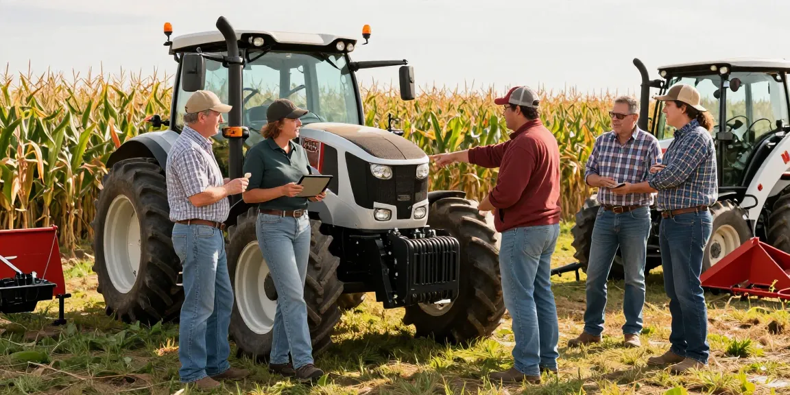 Farmers discussing farm equipment specifications on Aglist Canada in a sunny outdoor setting.