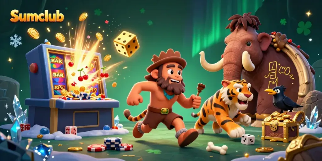 Sumclub casino scene with a caveman, sabertooth tiger, and crow showcasing vibrant slot machine action.