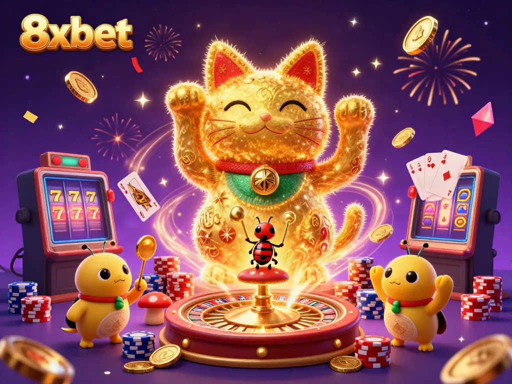 Experience the charm of 8xbet with a whimsical golden lucky cat and casino joy.