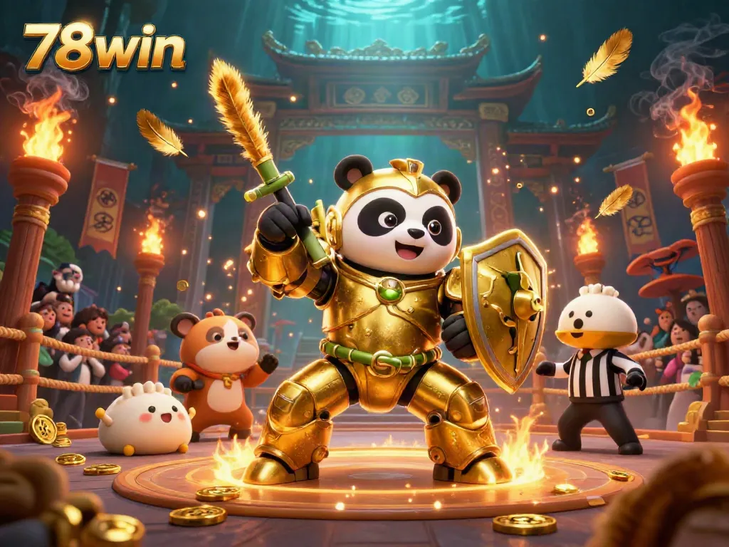Engage with thrilling adventures at 78win Casino, featuring a golden panda in a mech-suit in a vibrant battle arena.