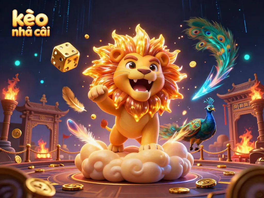 Engage with kèo nhà cái through an energetic 3D scene featuring a sun lion and dynamic betting elements.
