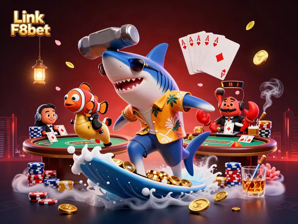Surf the wave of gold coins at Link F8bet with vibrant characters and casino elements!