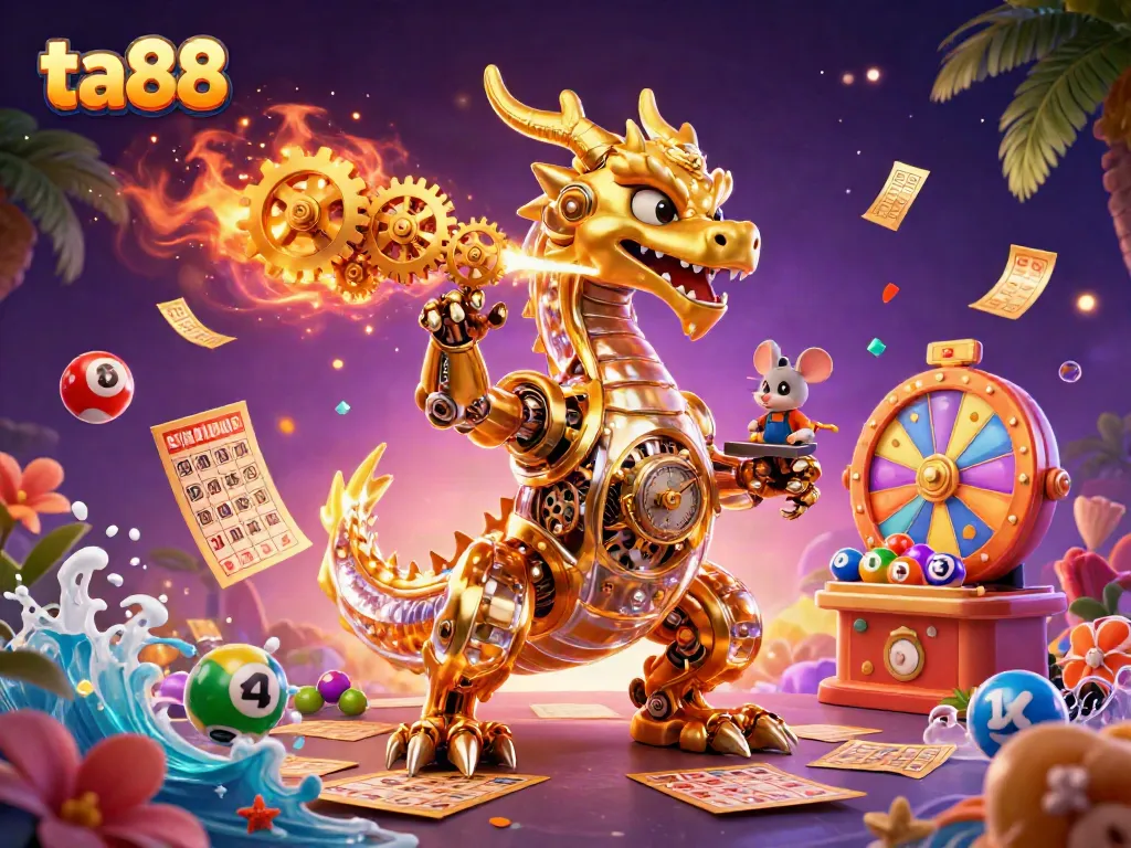 Spin to win at ta88 with a golden dragon, vibrant lottery balls, and money rain effect.