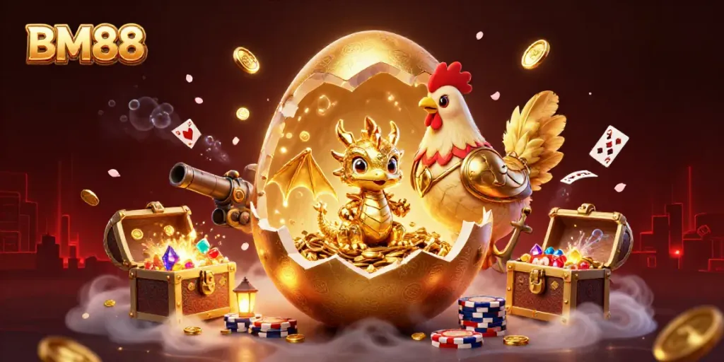 Experience the thrill of gambling with BM88 in this dynamic casino-themed illustration.