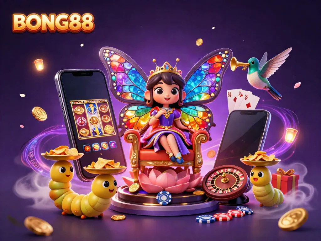 BONG88 offers a vibrant casino scene with animated butterfly queen, gaming elements, and a dynamic atmosphere.