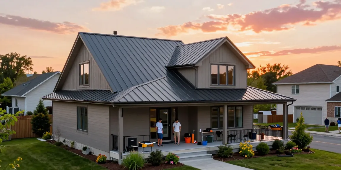 Metal roofing projects in Ontario featuring a modern standing seam roof on a suburban home during golden hour.