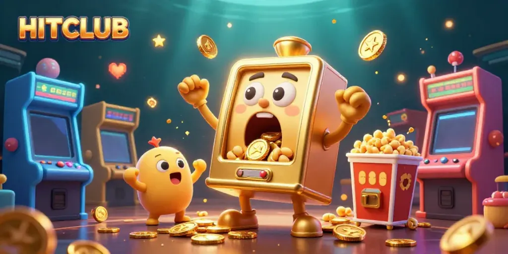 Experience the HITCLUB jackpot with animated slot machines celebrating wins amidst vibrant, casino-themed elements.