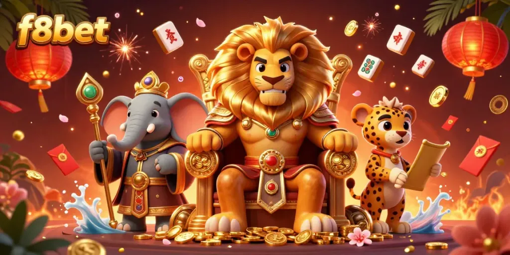 Play at f8bet with an engaging 3D scene featuring a lion king, elephant advisor, and cheetah messenger.