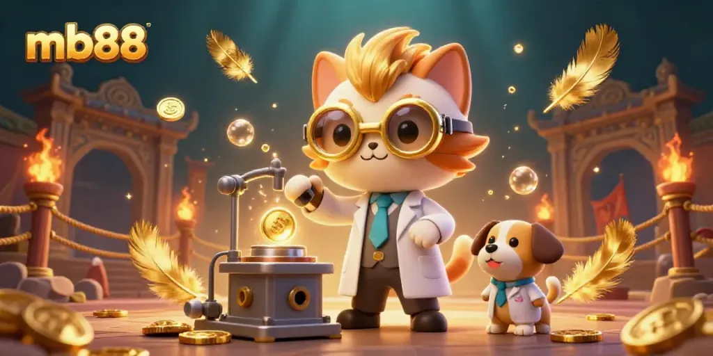 Engage with mb88's dynamic casino world featuring a mad scientist cat and loyal dog amidst gold coins and vivid game elements.