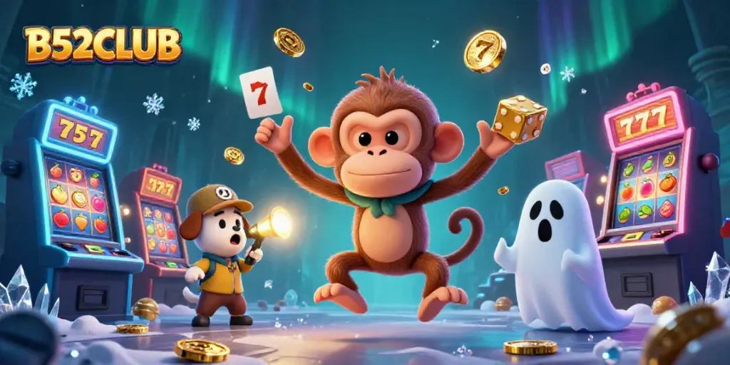 B52CLUB showcases a mischievous monkey juggling casino items in a thrilling haunted scene.