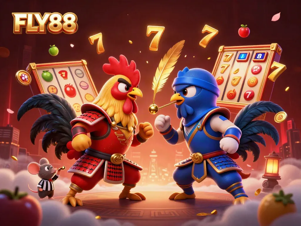 FLY88 gaming action featuring dynamic roosters and slot machine elements in vibrant 3D.