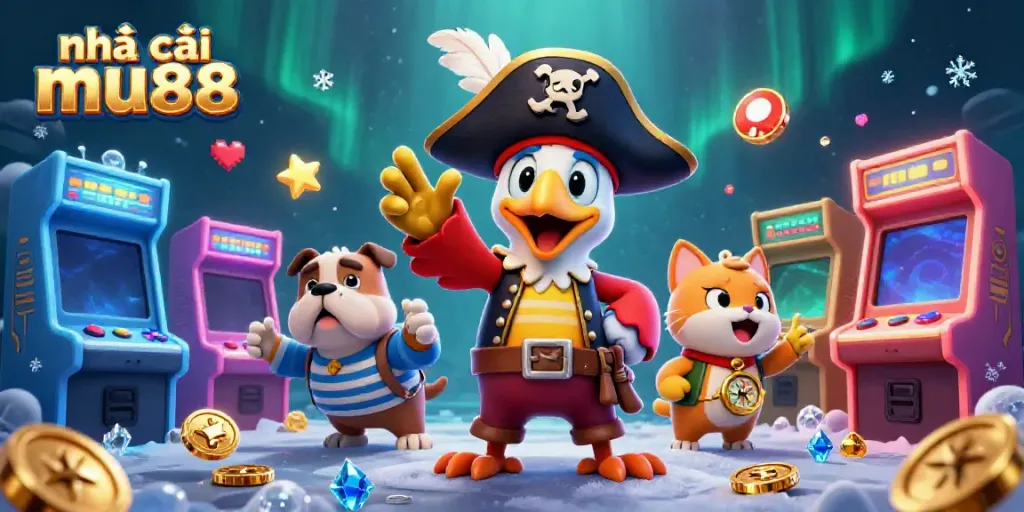 Engaging scene of nhà cái mu88, featuring a pirate captain giving orders among vibrant gaming elements.