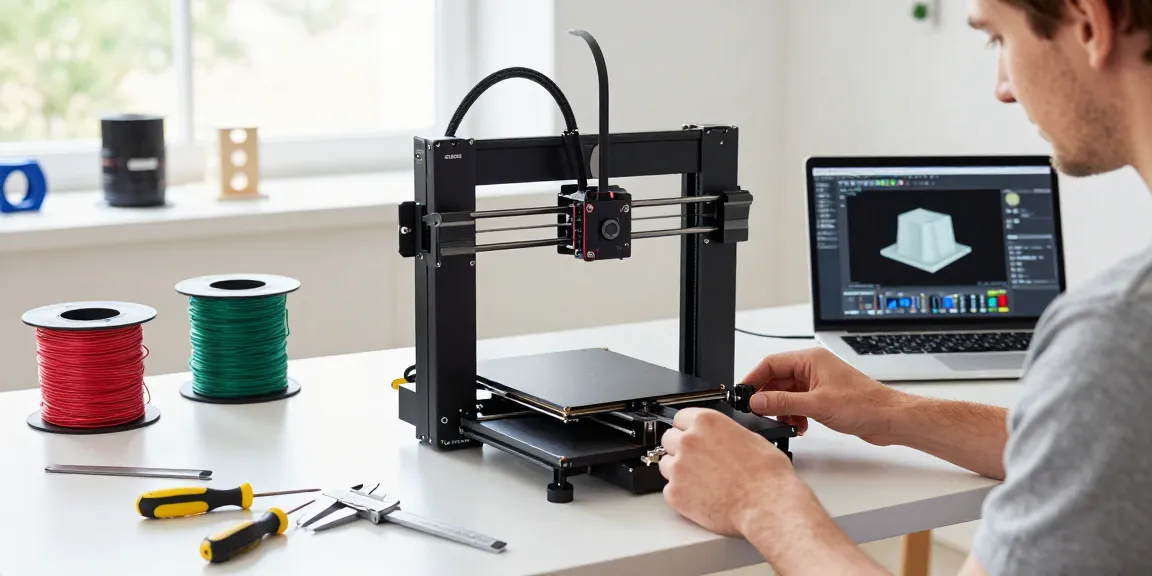 Assembling a Creality 3D printer in a bright workshop with tools and colorful filament spools.