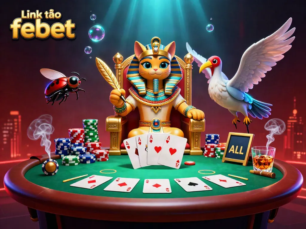 Experience the thrill of "Link vào febet" with this vibrant casino scene featuring a cartoon pharaoh and poker elements.