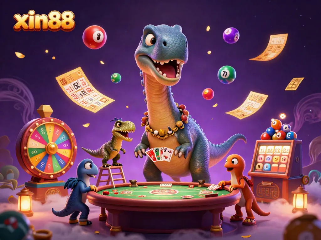 XIN88 casino scene illustrating fun Lottery, bingo, and card games with vibrant elements.