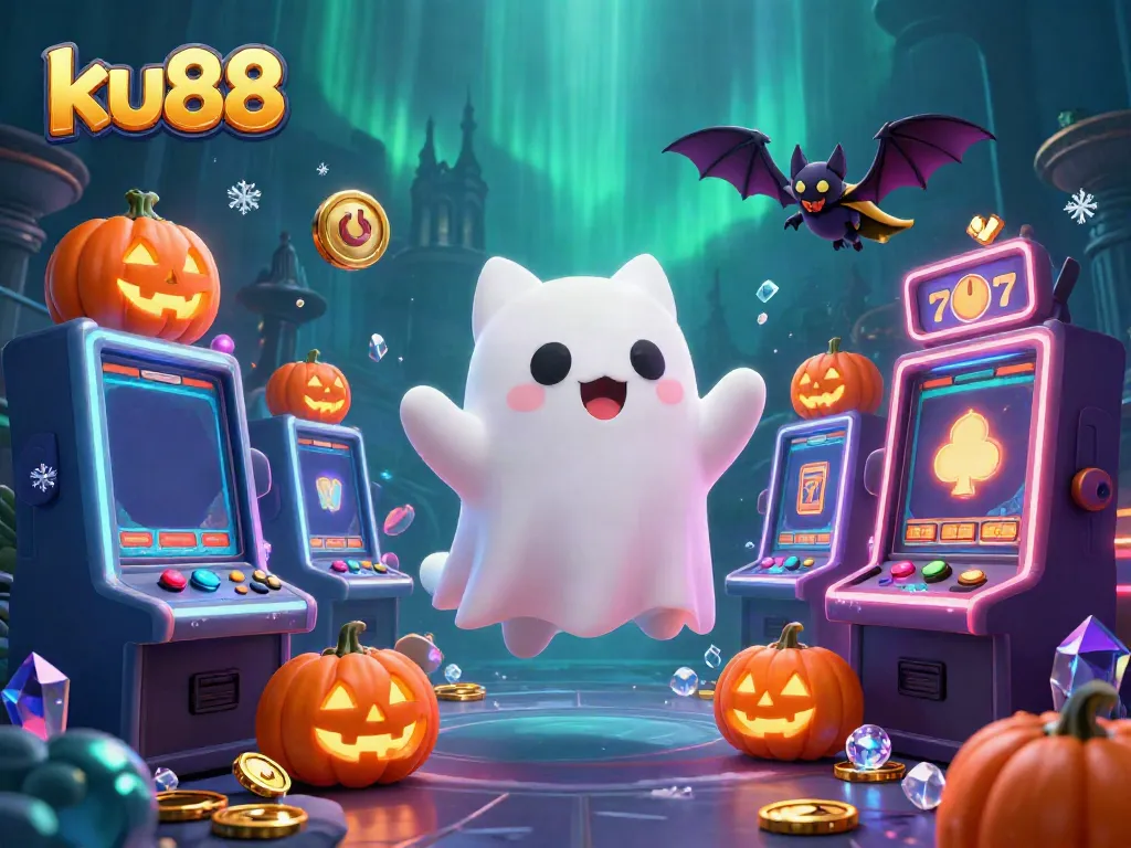 Experience thrilling gameplay at ku88 with a ghost cat and vampire bat amidst glowing slot machines.