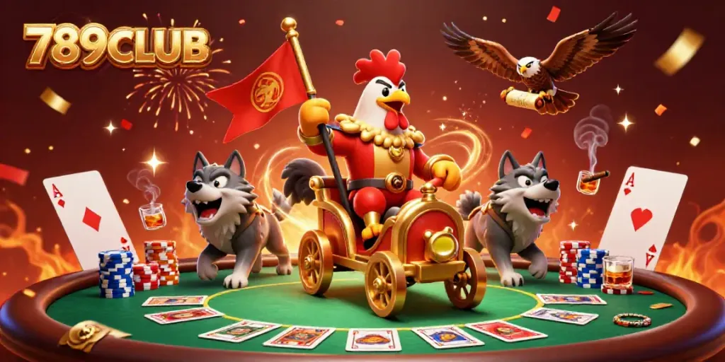 Experience 789CLUB excitement with a cartoon rooster warlord in a vibrant casino scene.