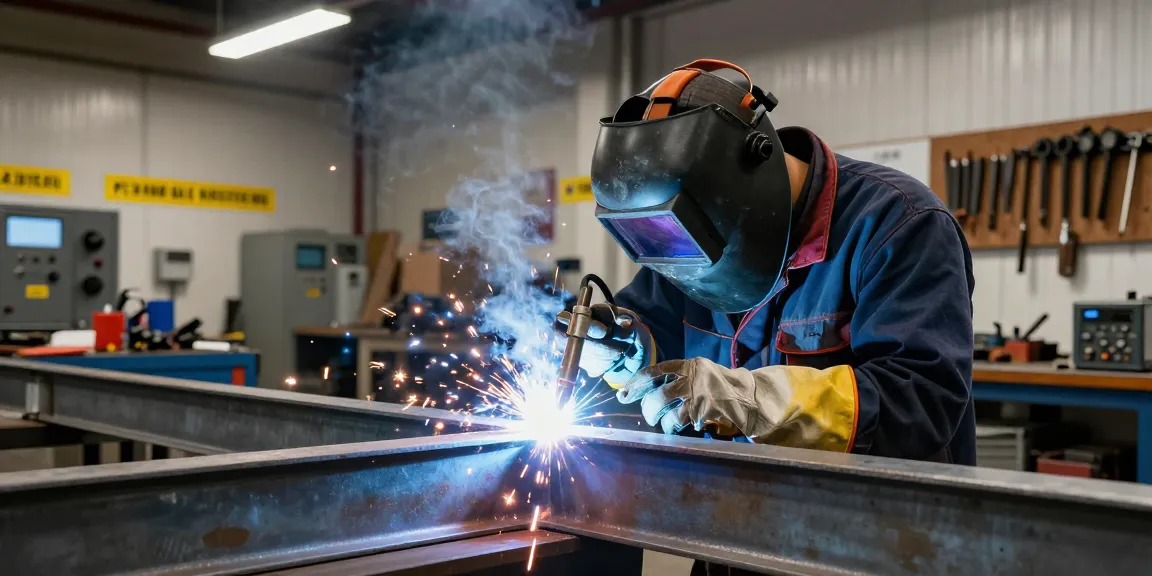 Skilled technician welding in Vancouver with MIG torch, sparks flying in an organized workshop.