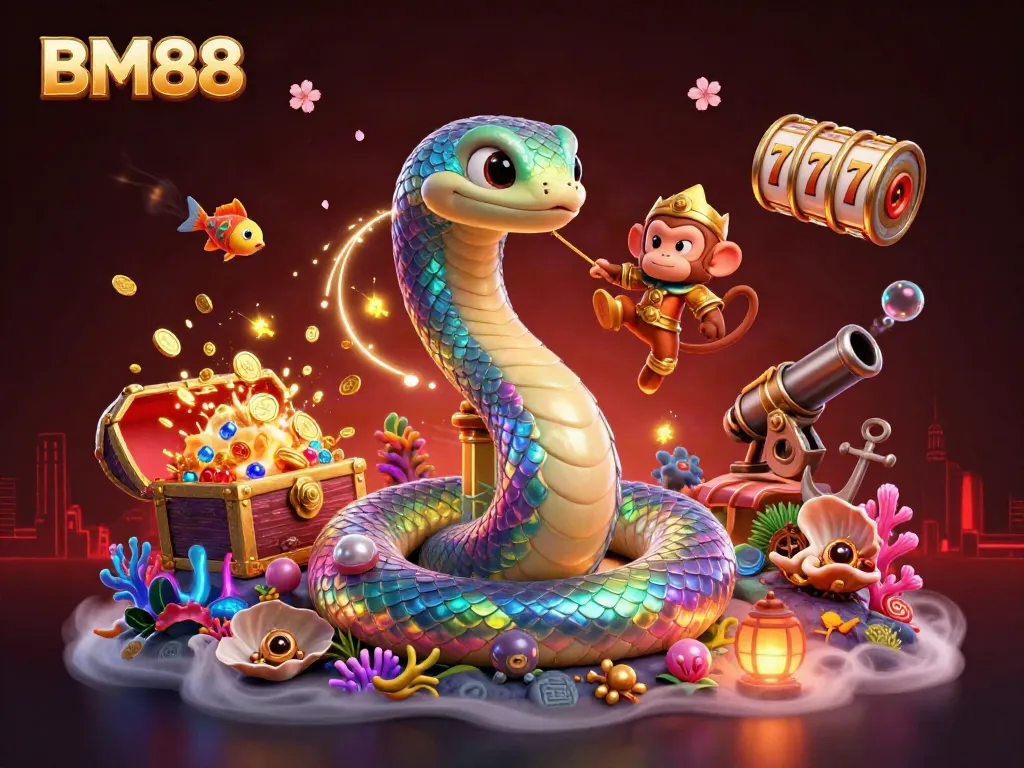 Experience the excitement of BM88 with vibrant visuals of a casino-themed illustration featuring a rainbow serpent.