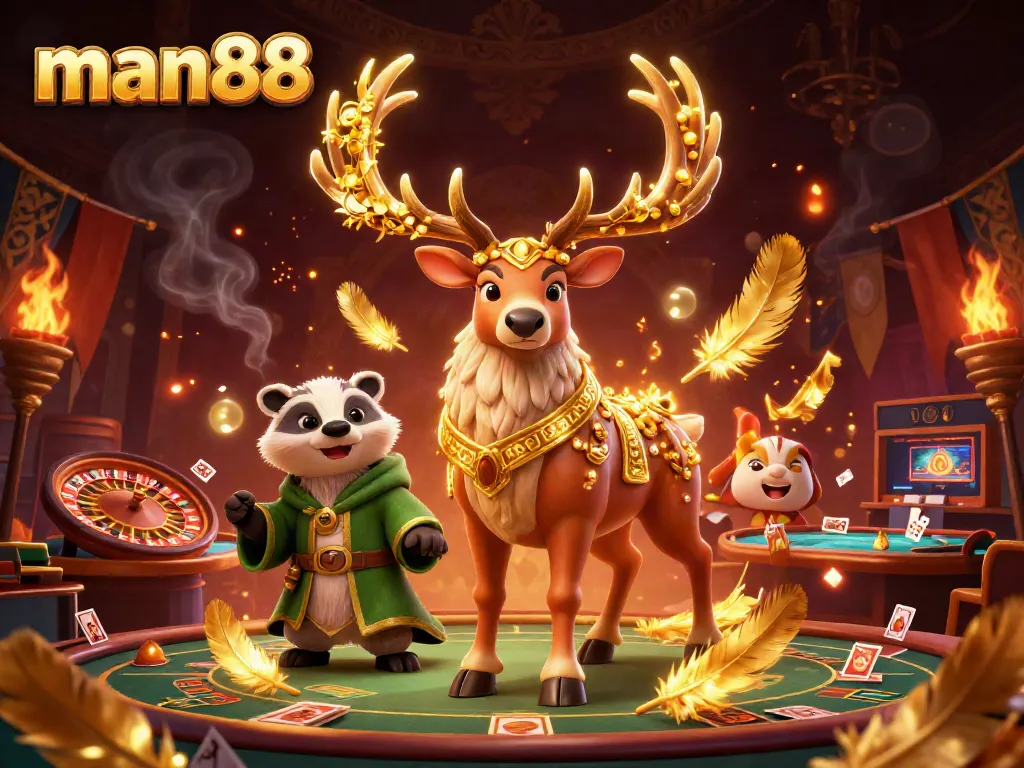 Experience thrilling gambling with man88 in a vibrant casino scene featuring a Celtic druid and bright gaming elements.