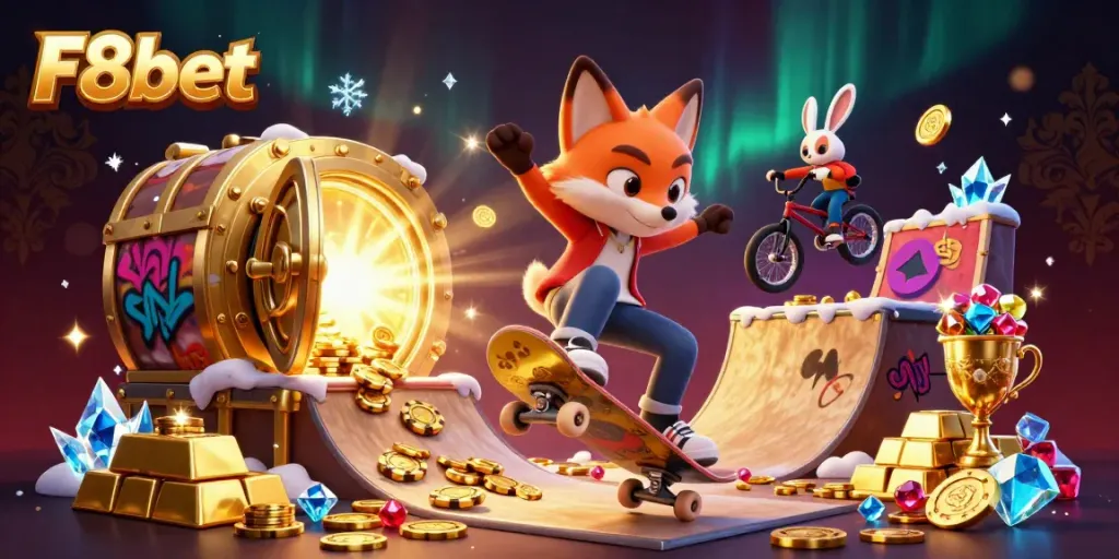 Engage with F8bet's dynamic casino energy featuring a spirited fox and rabbit in an exhilarating gambling scene.