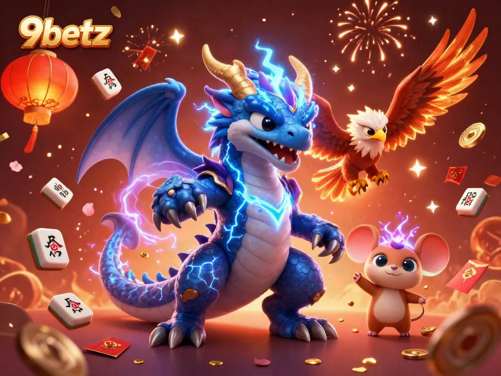 Engage with 9betz in vibrant 3D illustration showcasing dynamic casino gaming elements and mythic characters.