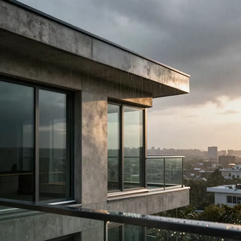 Rain-dark condo balcony seals and expansion joints gleam after a spring thunderstorm.