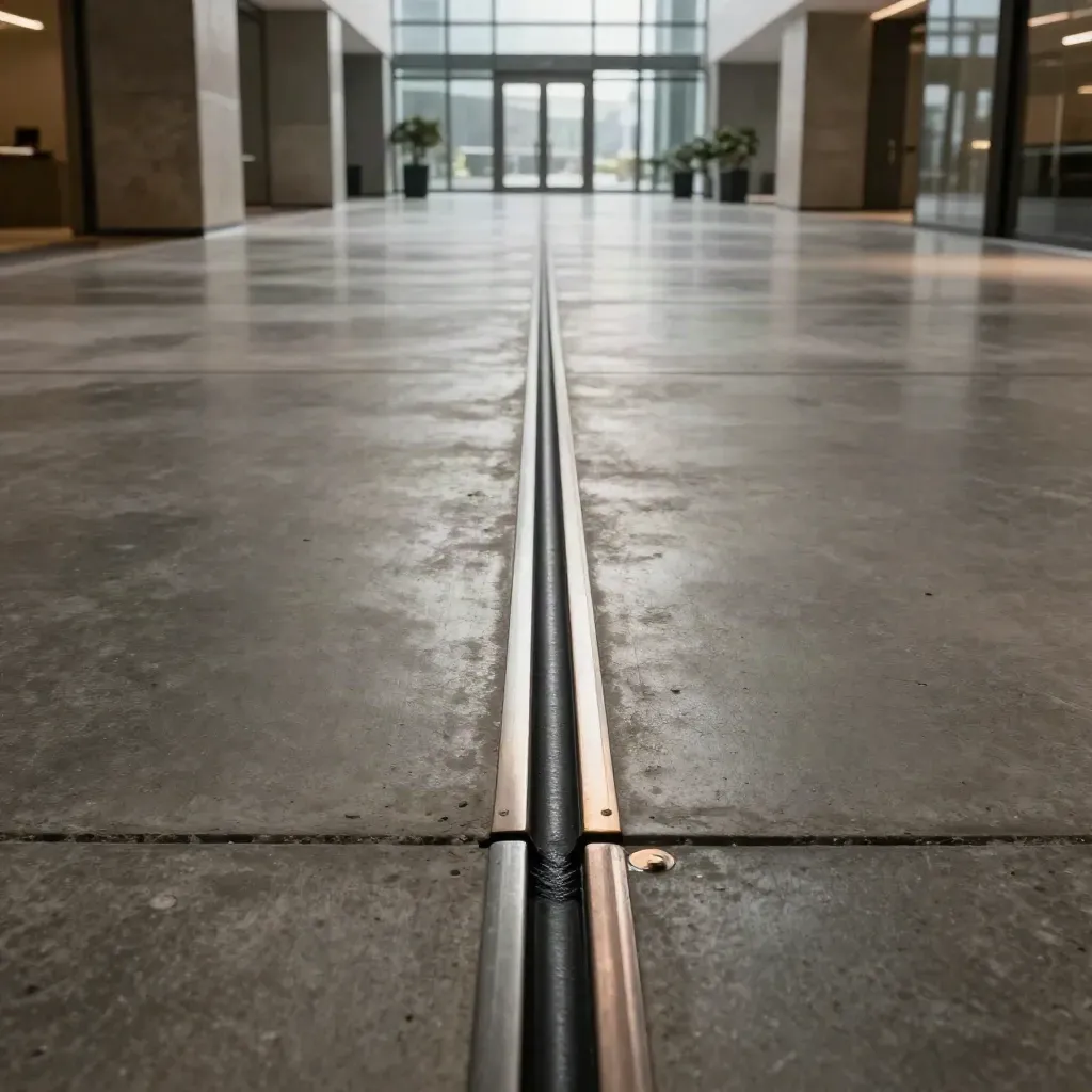 Floor-level view of a polished concrete lobby joint with brushed steel threshold.