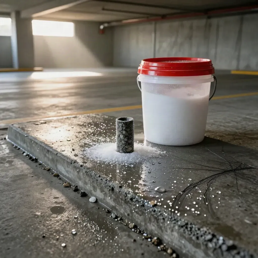Sealed parkade slab with beaded water, salt bucket, tire marks, and a concrete core sample.