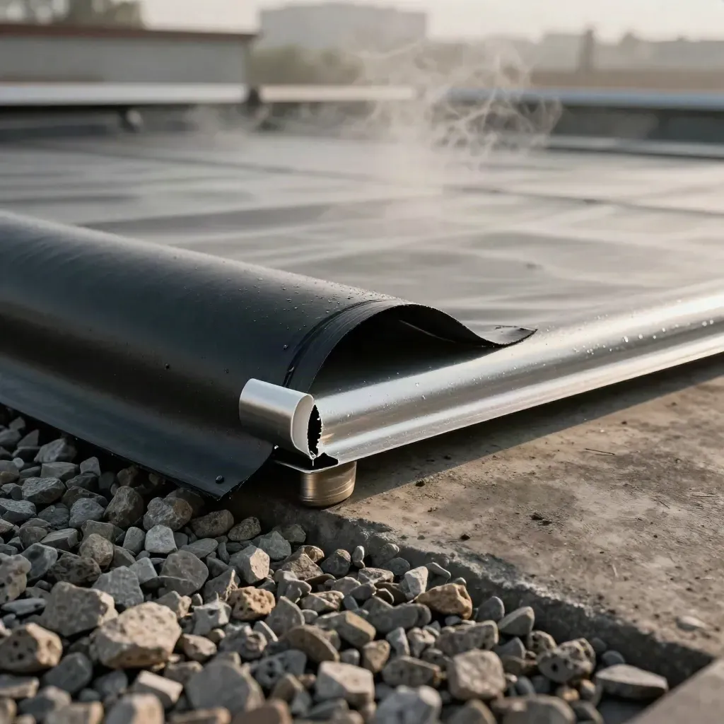 Rooftop membrane turn-up at a parapet with gravel ballast and drain collar in dramatic misty light.