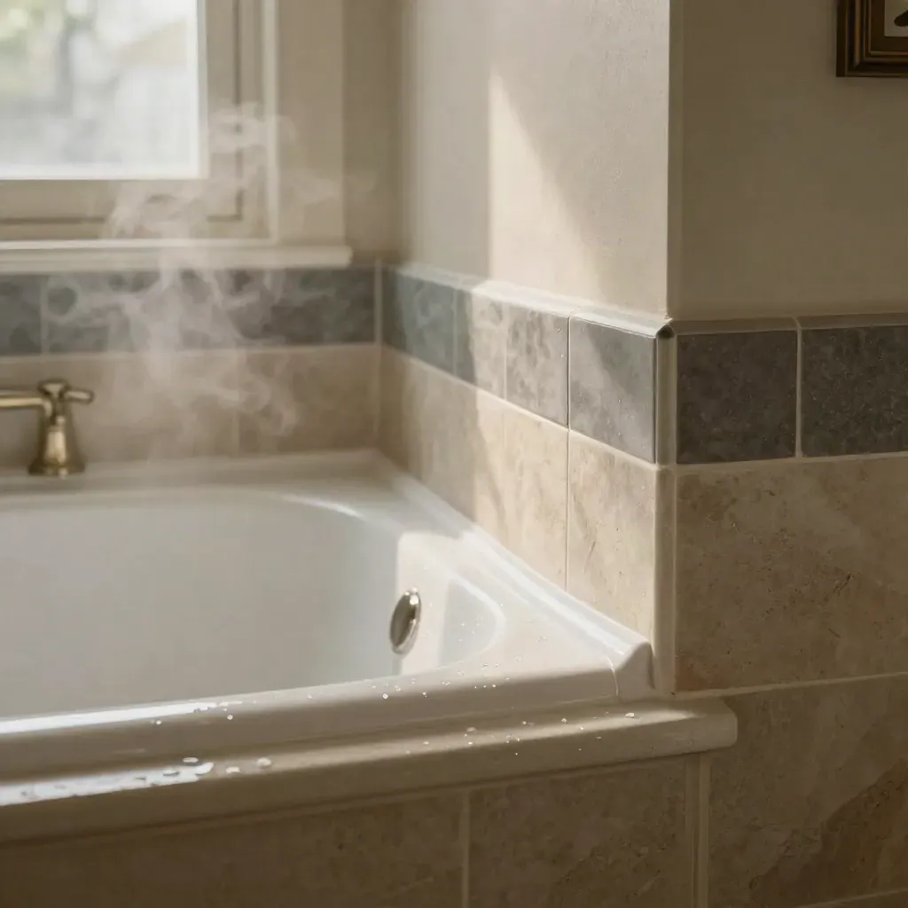 Fresh caulk seals a bright tub corner beside pale stone tile and a blurred bathroom window.