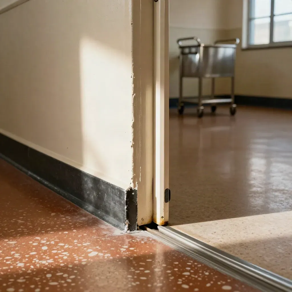 Hallway expansion joint with clean sealant bead, terrazzo floor, and blurred maintenance cart