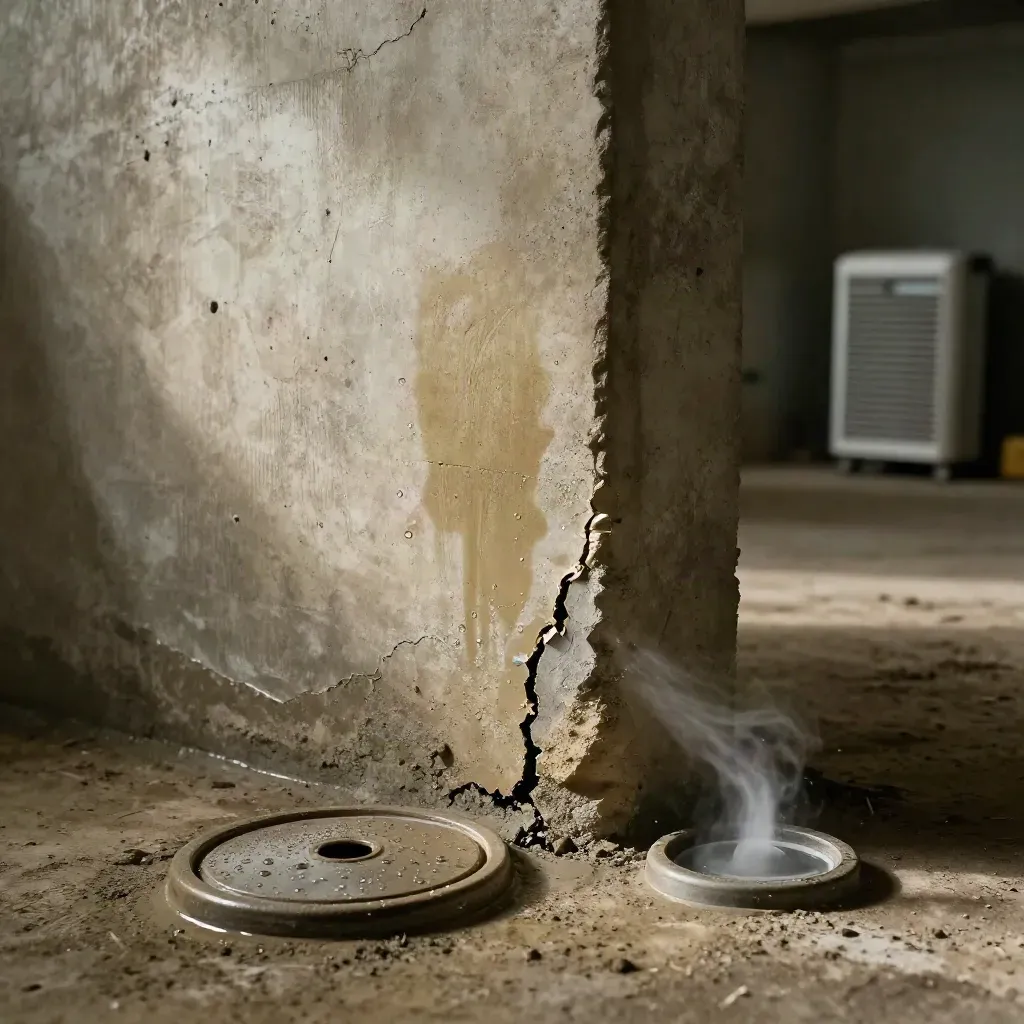 Basement crack repair on concrete wall, sump cover and dehumidifier, dry patched seam above fading stain