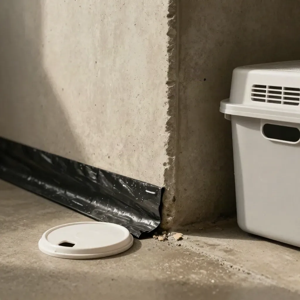 Macro of a dry Toronto basement membrane, sump cover, dehumidifier and storage bins in soft light