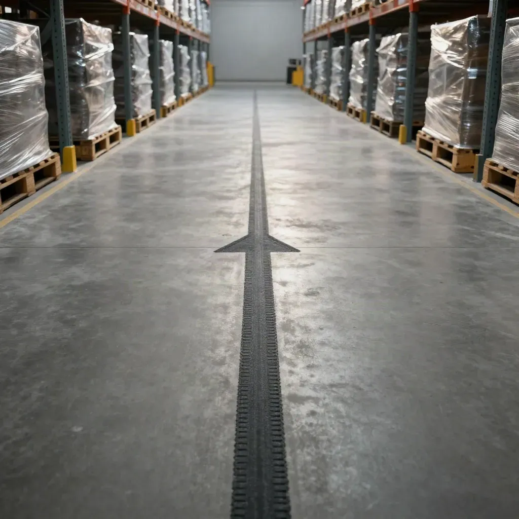 Warehouse aisle with cured floor joints and pallet rack shadows in a clean concrete lane.
