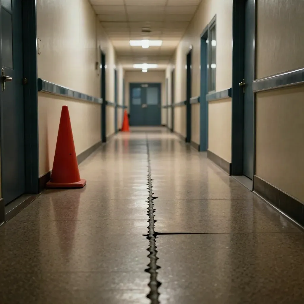 Empty school corridor with repaired expansion joints, polished floor and a red maintenance cone at night.