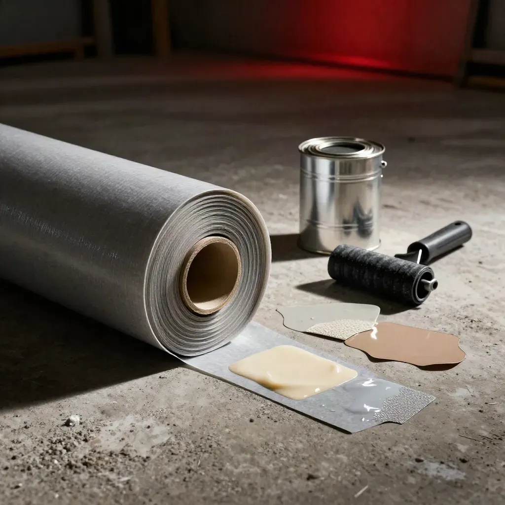 Waterproofing membrane roll, primer tin, seam roller and test patches on rough concrete in dim studio light.