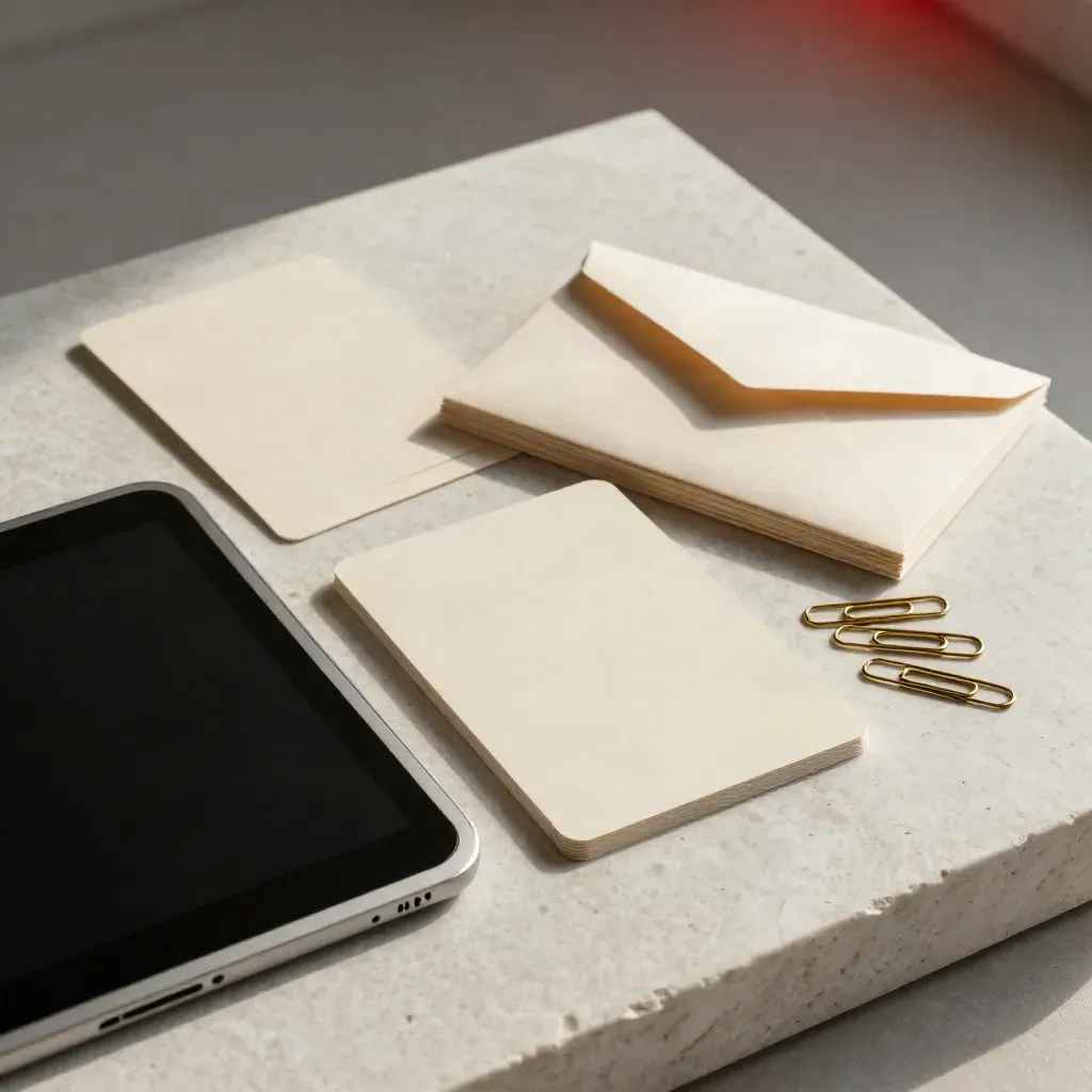 Tablet, sample cards, envelope stack and brass paper clips on white stone, softly lit from above.