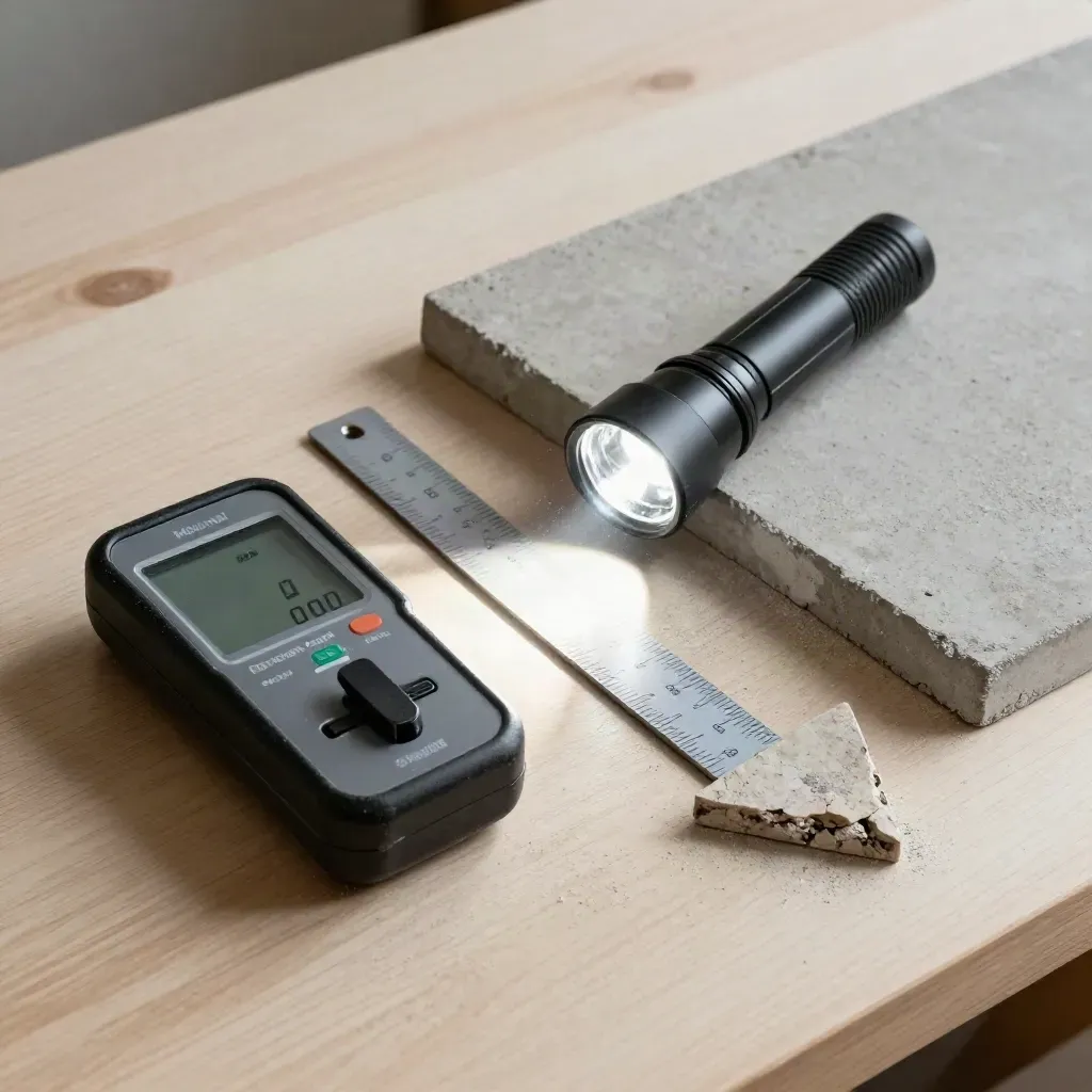 Moisture meter, flashlight, crack gauge and chipped concrete on a dusty workbench in soft side light