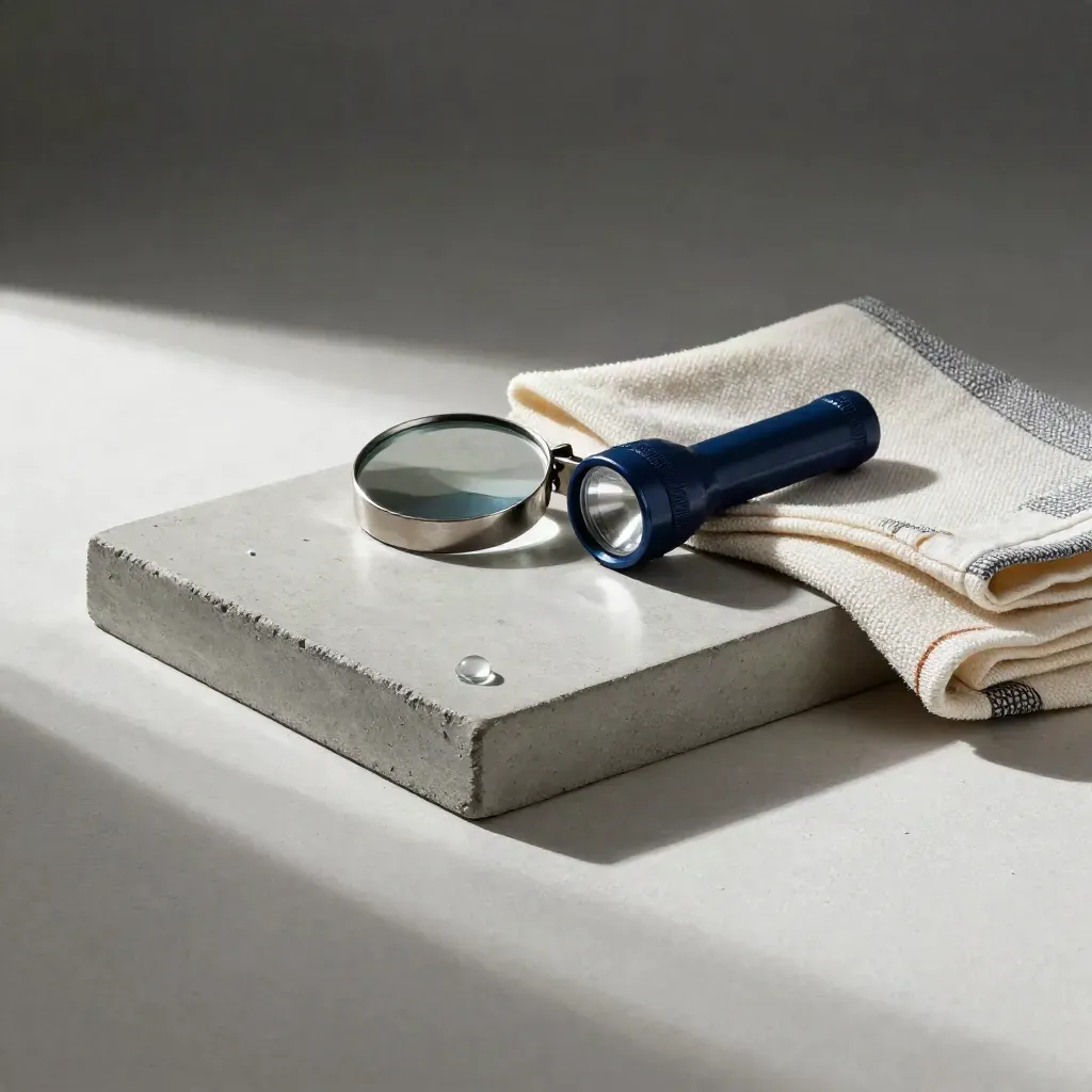 Sealed seam sample with water bead, mirror, flashlight and cloth on pale slab.