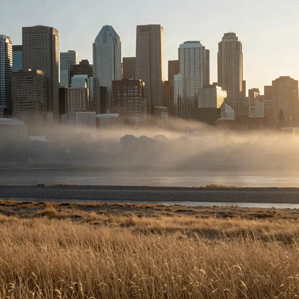 Calgary skyline over the Bow River bend at golden hour, with prairie foreground and faint Rockies.