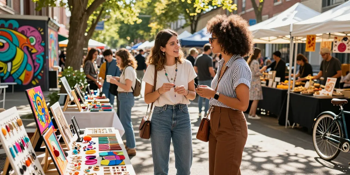 Jaklin Dalir enjoying vibrant outdoor marketplace while browsing handmade jewelry and accessories.
