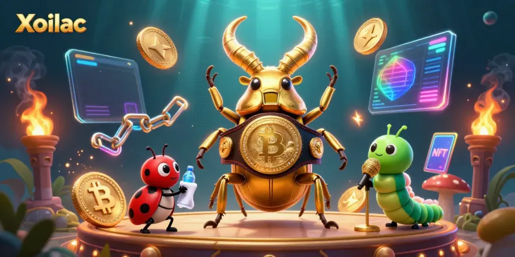 Xoilac showcases a thrilling 3D boxing match scene with a giant stag beetle and dynamic gambling elements.