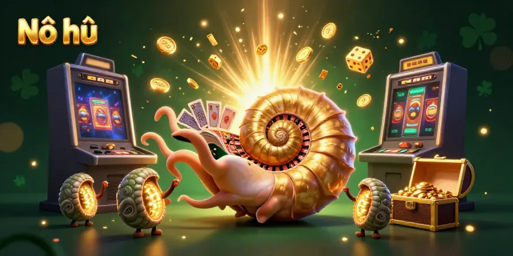 Experience thrilling Nổ hũ gameplay with an ancient nautilus character, slot machine, and luminous companions.