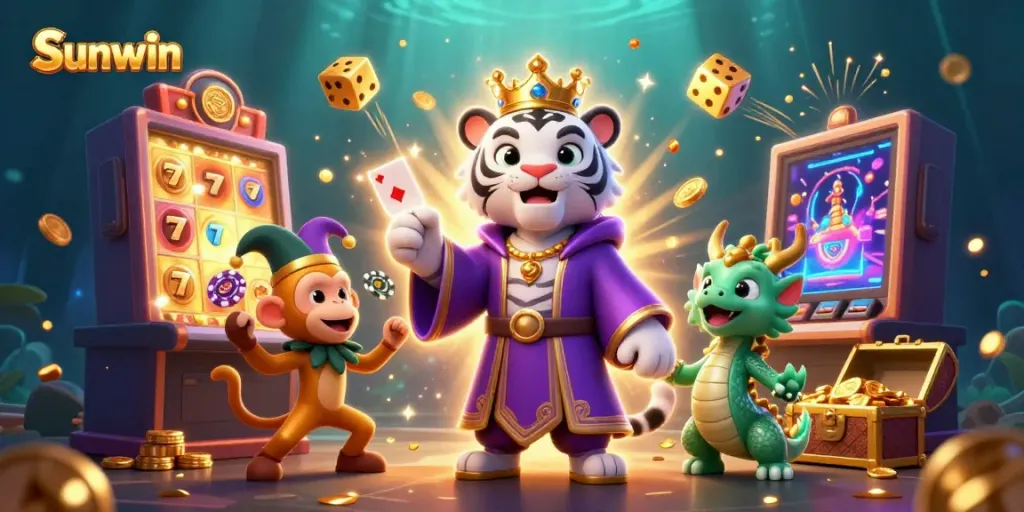 Experience exciting wins at Sunwin's vibrant 3D casino scene with royal characters and jackpot elements.