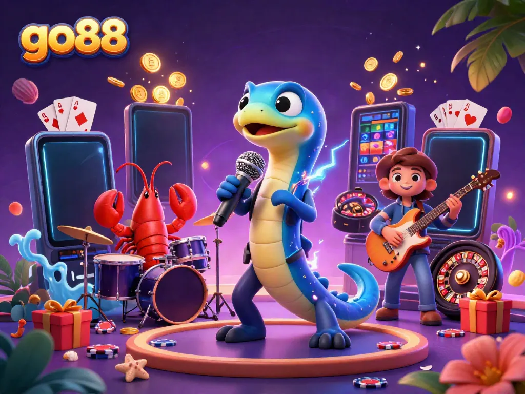 A 3D electric eel DJ surrounded by animated casino elements like slots and coins showcasing go88’s vibrant underwater gaming theme.