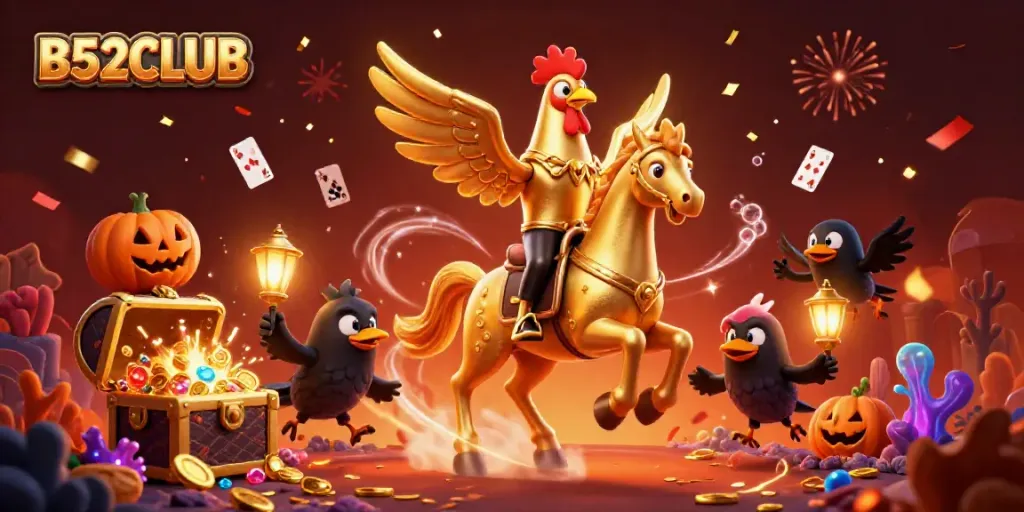 B52CLUB showcases a vibrant casino scene with a golden rooster and mythical companions celebrating amidst dynamic visuals.
